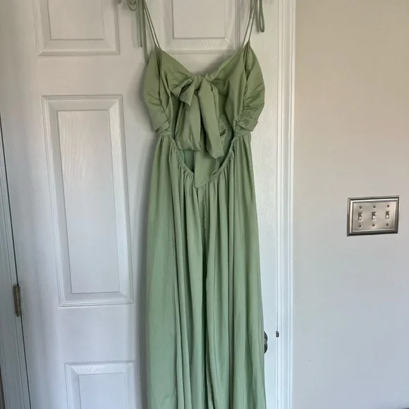 Lulus Confidence Check Sage Green Satin Tie-Back Maxi Dress - Picture 4 of 5
